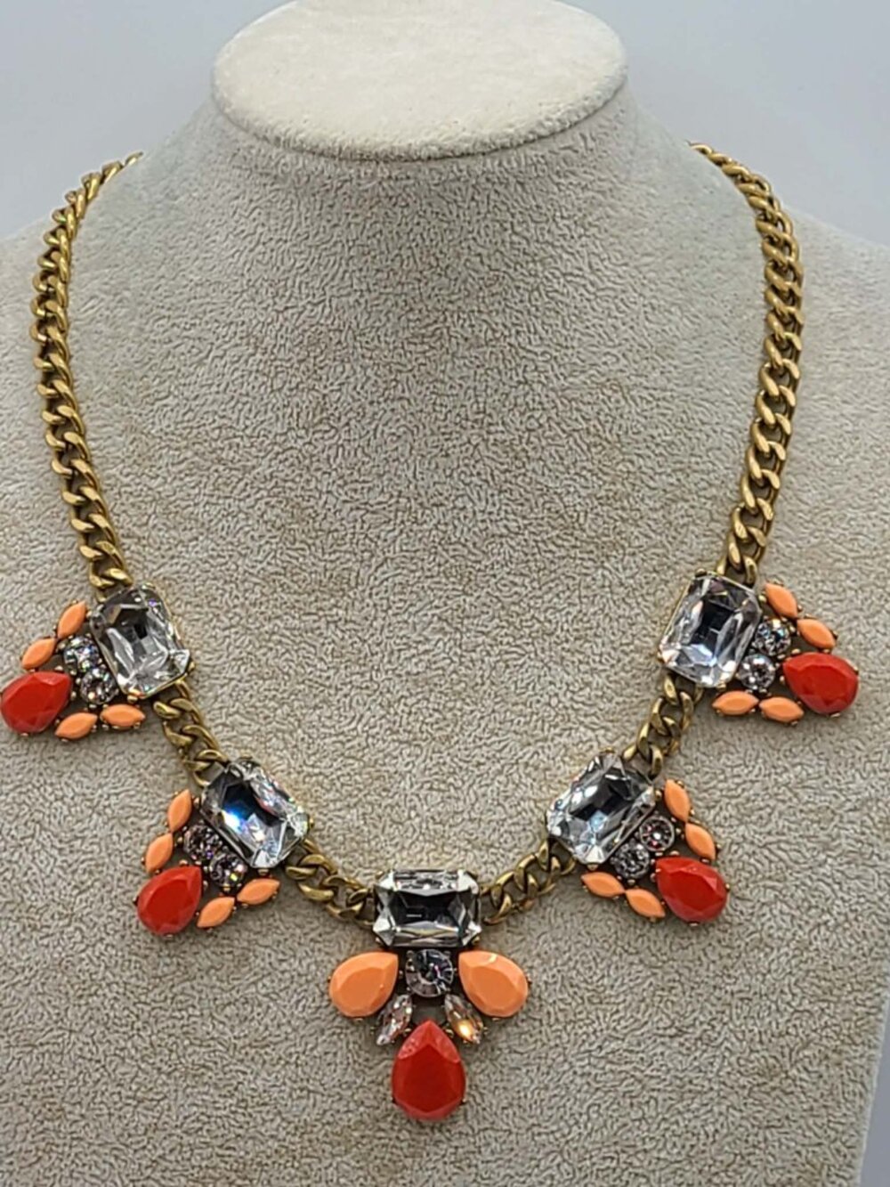 J Crew Clear Crystal Gold Tone Necklace with Red Orange Resin Stones